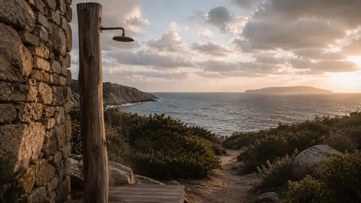 Doccia all'aperto vista mare in una tipica casa sarda