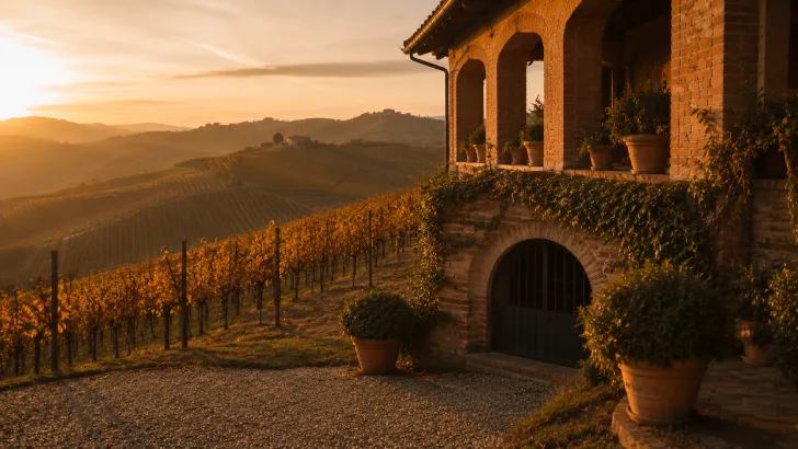 Tramonto dorato che illumina i vigneti davanti alla casa colonica