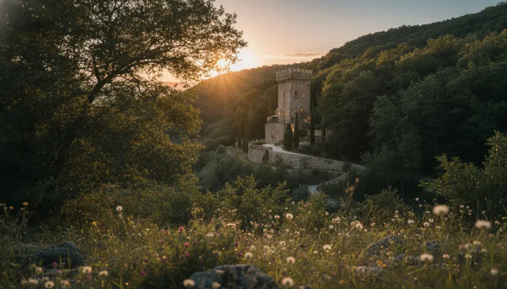 Casale nel bosco in Toscana circondato da alberi ad alto fusto