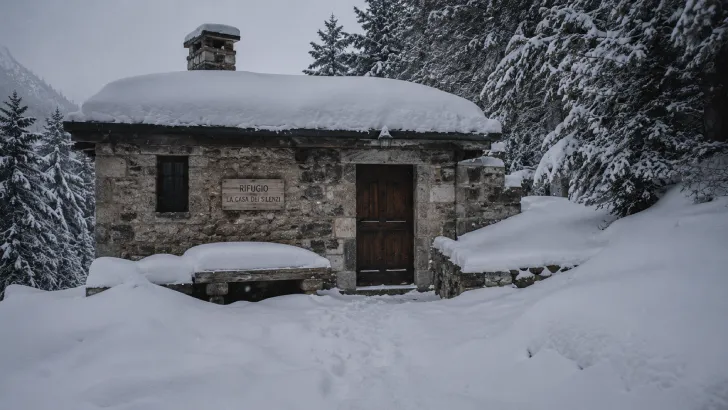 Esterno del rifugio di montagna in Abruzzo coperto di neve fresca