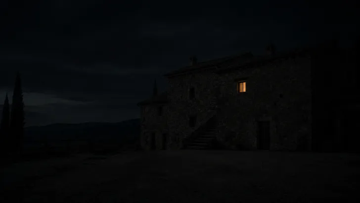 Esterno di un casale in pietra scura completamente immerso nell'oscurità della notte, illuminato solo da una fioca luce calda proveniente dalla finestra