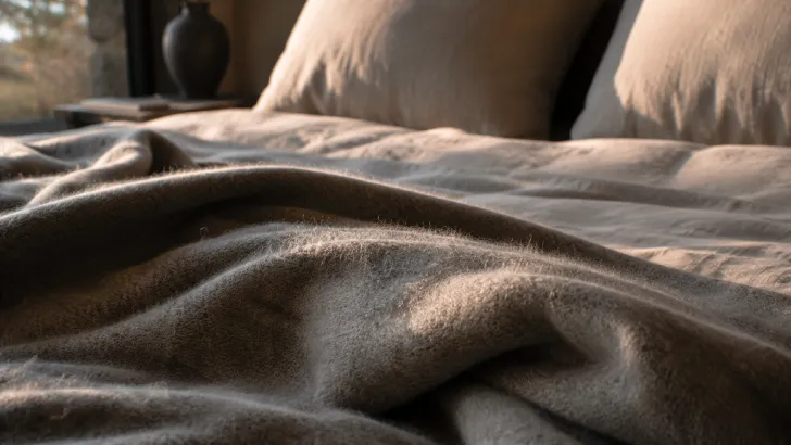 Dettaglio di una coperta di lana grezza su un letto con luce dell'alba