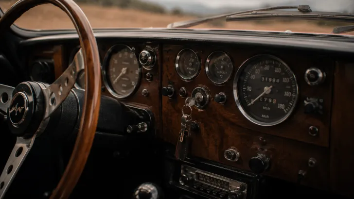 Dettaglio del cruscotto di un'auto d'epoca polverosa con le chiavi inserite nel quadro, in sosta su una strada sterrata